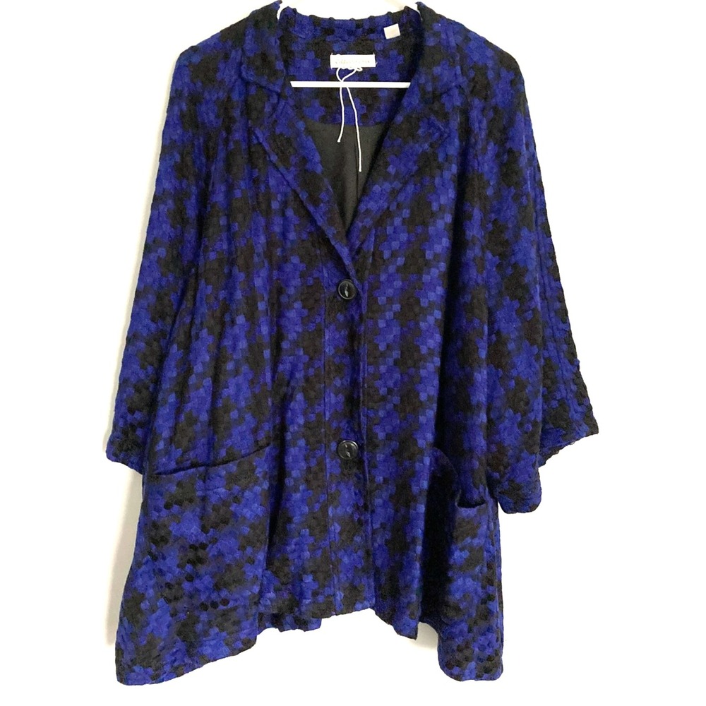 Coldwater Creek Jacket Womens 2X Blue Houndstooth Cabin Lined Button Pockets NWT